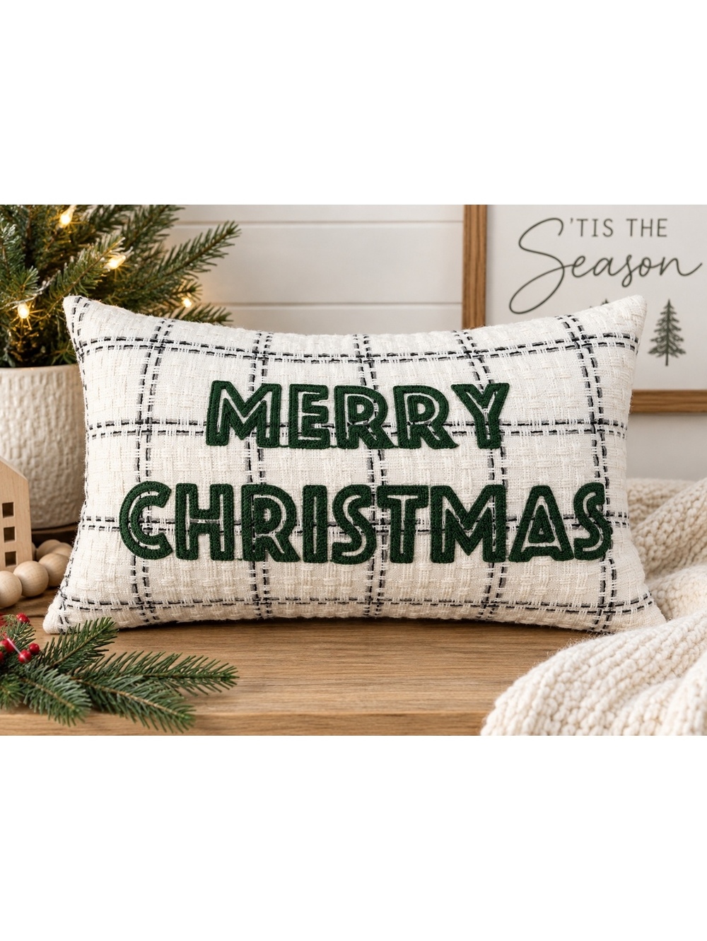 Merry Christmas Plaid Lumbar Throw Pillow Green White Farmhouse Holiday Decor